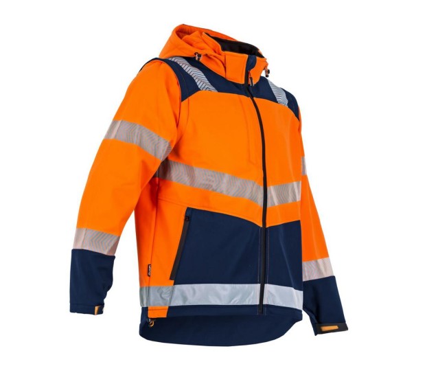 VESTE RÉFLÉCHISSANTE HOMME/FEMME SOFTSHELL CIBLE ORANGE FLUO/MARINE