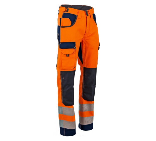 PANTALON RÉFLÉCHISSANT HOMME/FEMME AVEC POCHES GENOUX POLARISATION ORANGE FLUO/BLEU FONCE 