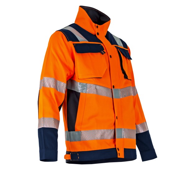 VESTE RÉFLÉCHISSANTE HOMME/FEMME COL MONTANT AMPOULE ORANGE FLUO/BLEU FONCE